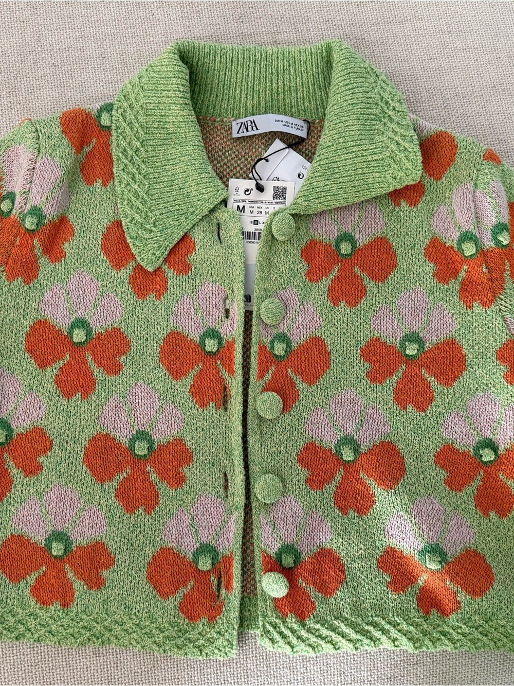 ZARA Green Cardigan with Orange and Pink Floral Motif